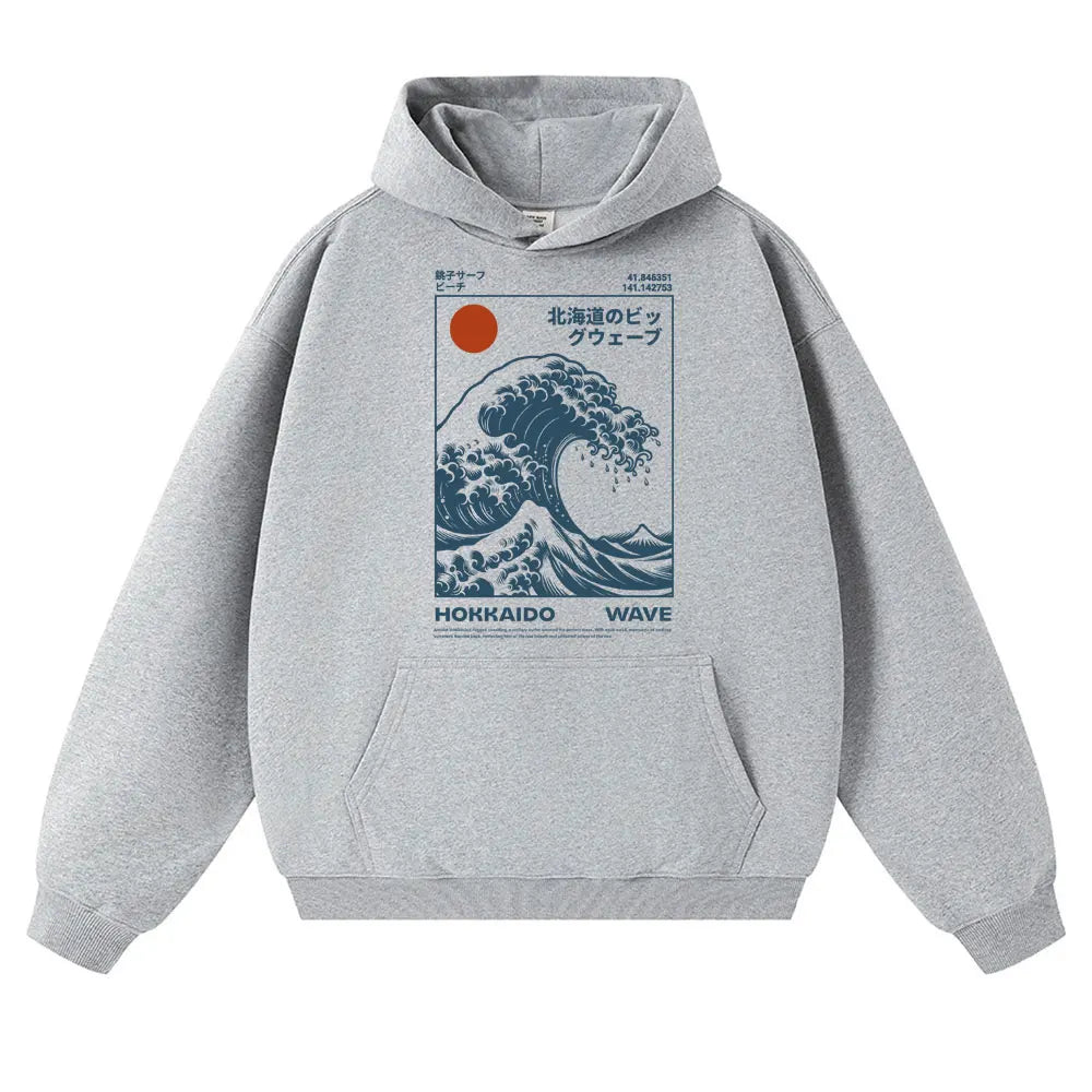 Japanese Style Hokkaido Wave Vintage Hoodie Men Women Harajuku Fashion Hoody Sweatshirt Oversized Autumn Winter Casual Sportwear
