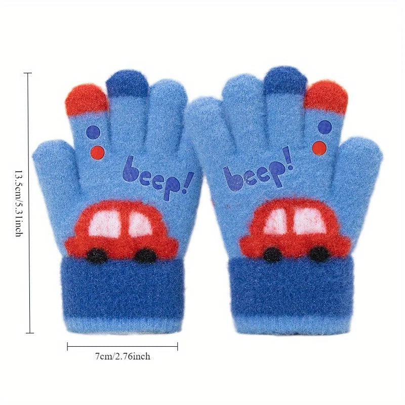 Kids Winter Gloves 3-7 Years Old Thick Warm Knitted Cartoon Car Design Five Finger Cold Proof for Boys Girls Kindergarten