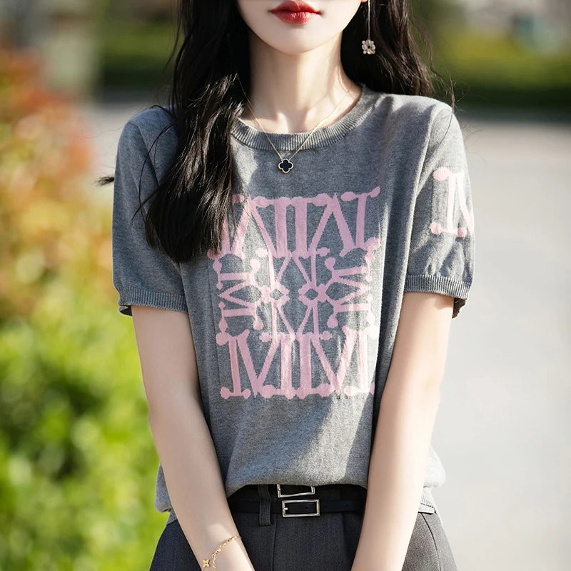Women's T-shirt Summer New 100% Cotton Sweater Short Sleeve Knitted Embroidered Round Neck Women's Top Loose Fashion Pullover
