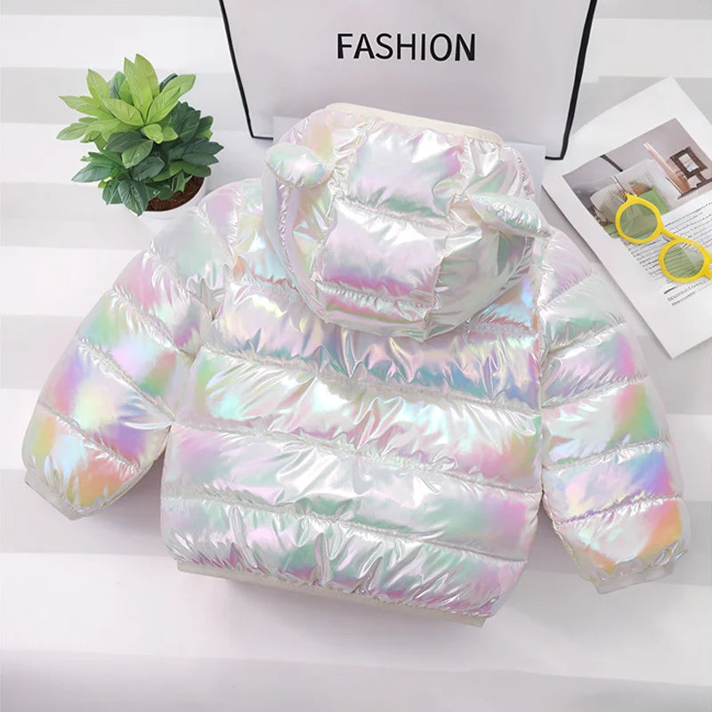2-6 Years Boys Girls Cotton Hooded Jacket Autumn Winter Fashion Dazzle Colour Shiny Coat Thick Warm Zipper Outerwear for Kids
