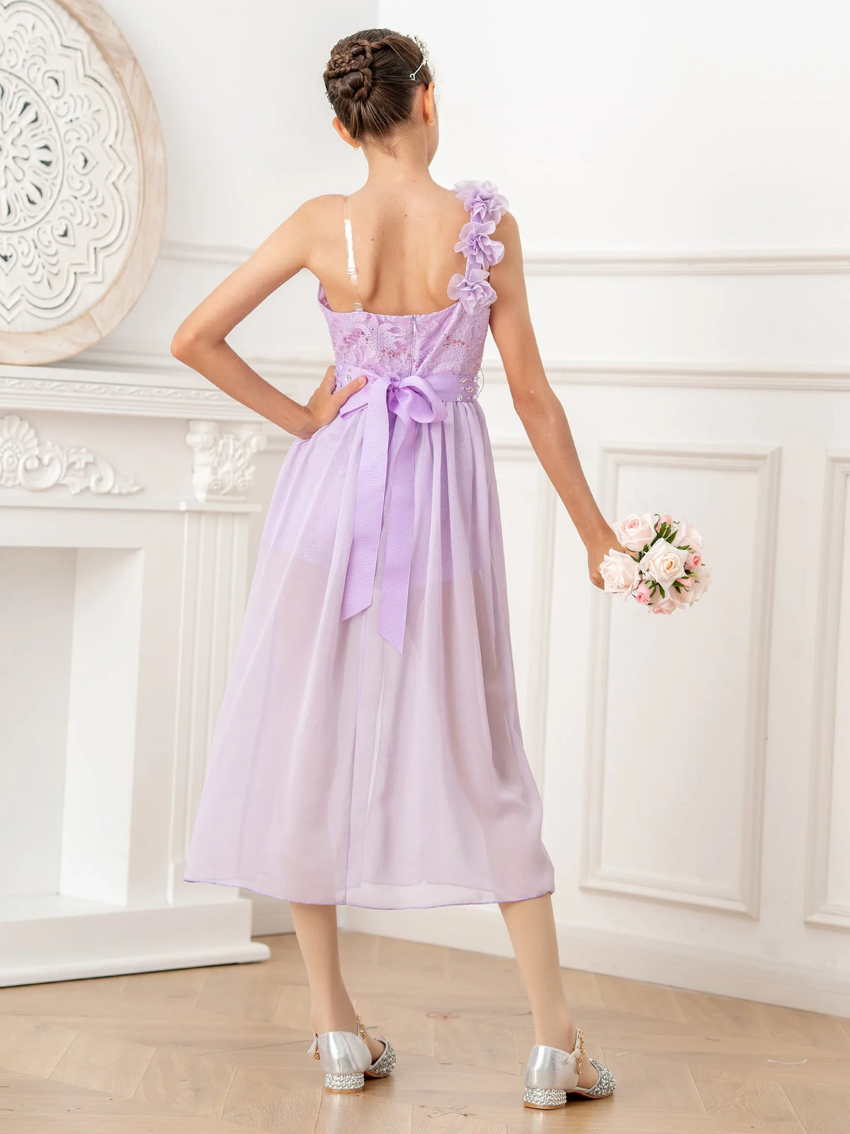 Kids Girls Elegant Party Dress Shiny Sequin Beaded Applique Lace Chiffon Jumpsuit Dress for Wedding Birthday Prom Pageant Evenig