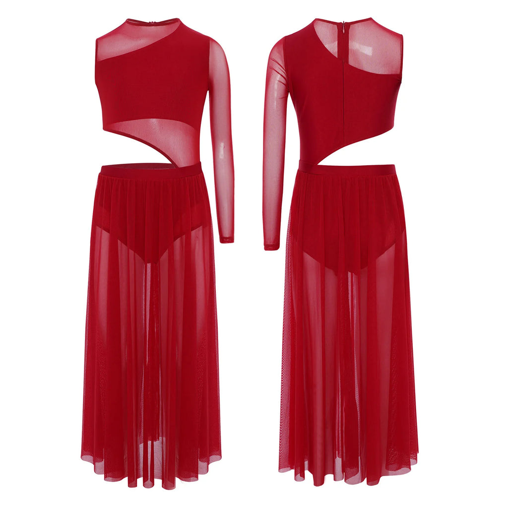 Kids Girls Lyrical Contemporary Dance Dress Patchwork Side Split Mesh Shiny Rhinestones Dresses Competition Performance Costumes