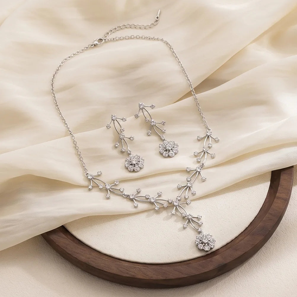 2 Pieces Jewelry Sets For Women Luxury Zirconia Bridal Necklace Earring Set Party Prom Wedding Bride Necklace set Accessories
