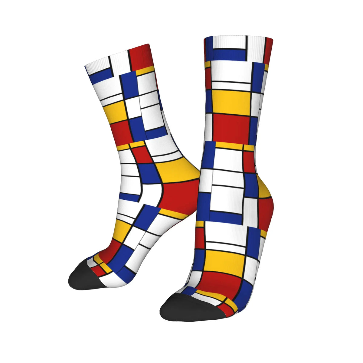 Custom Color Art Retro Mondrian Men Women Crew Socks Unisex Fashion 3D Printed Abstract Art Plaid Dress Socks