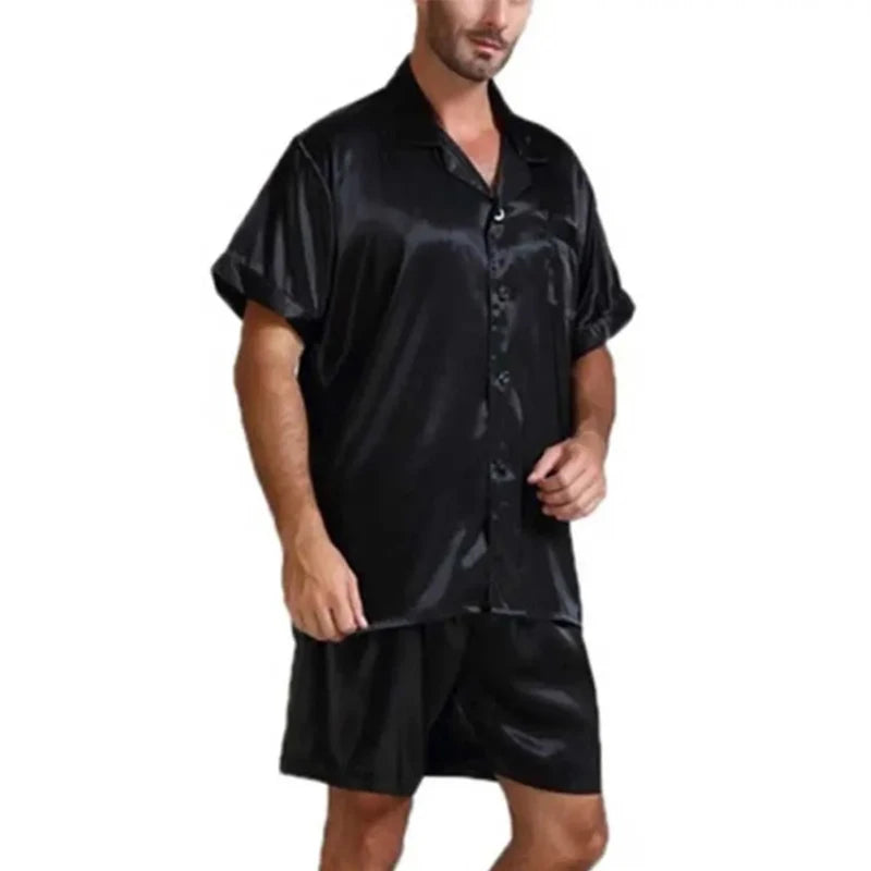 Men's Loose Smooth Skin-friendly Short-sleeved Pajamas Set Solid Color Leisure Home Wear Buttoned Shirts and Shorts 2-piece Suit
