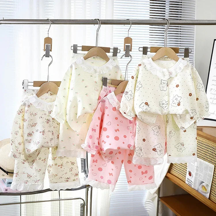 Girls Kids Home Clothes Set New Loose Thin Baby Pajamas Fashion Lace Floral Princess Children Air Conditioner Long Sleeve+Pants