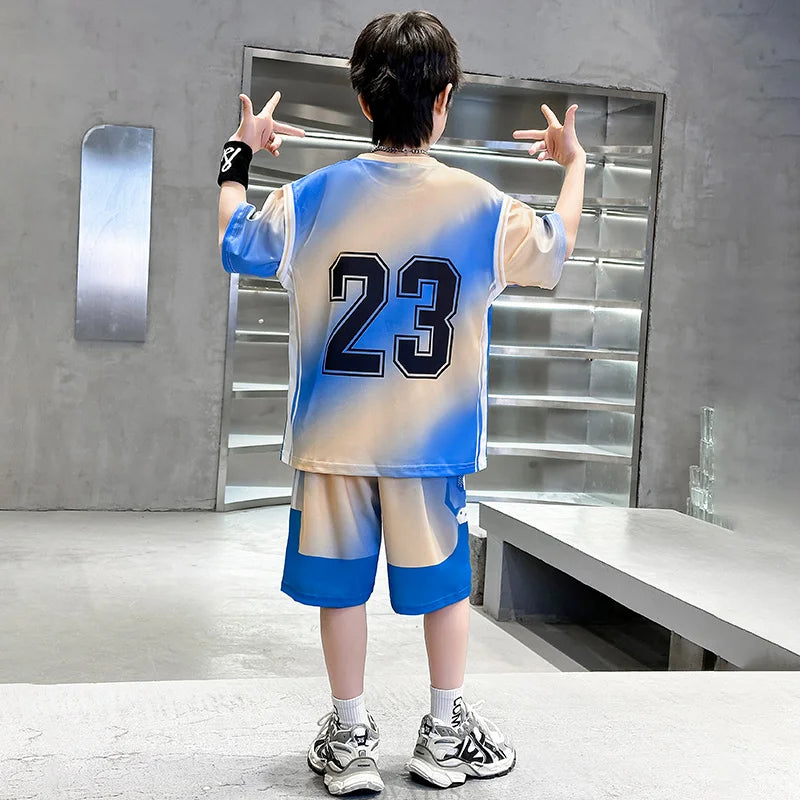 Child Boy Summer Sports Jerseys Suit T-shirt Shorts Tracksuit 2Pcs Clothes Set Teenage Kids Basketball Uniform Clothing Set 5-14