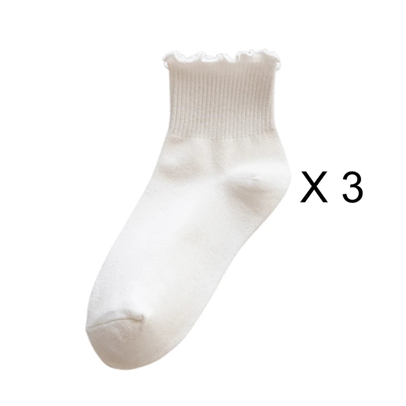 3 Pairs/Lot Cute Socks For Women New Japanese Style Breathable Girls Short Socks Kawaii Solid Socks Frilly Ruffle Socks Casual