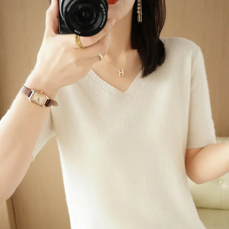 Women Sweater Casual Short Sleeve Pulls 2025 Spring Summer V-neck Knitwears Korean Fashion Shirts Tops Pullovers Soft Jumpers