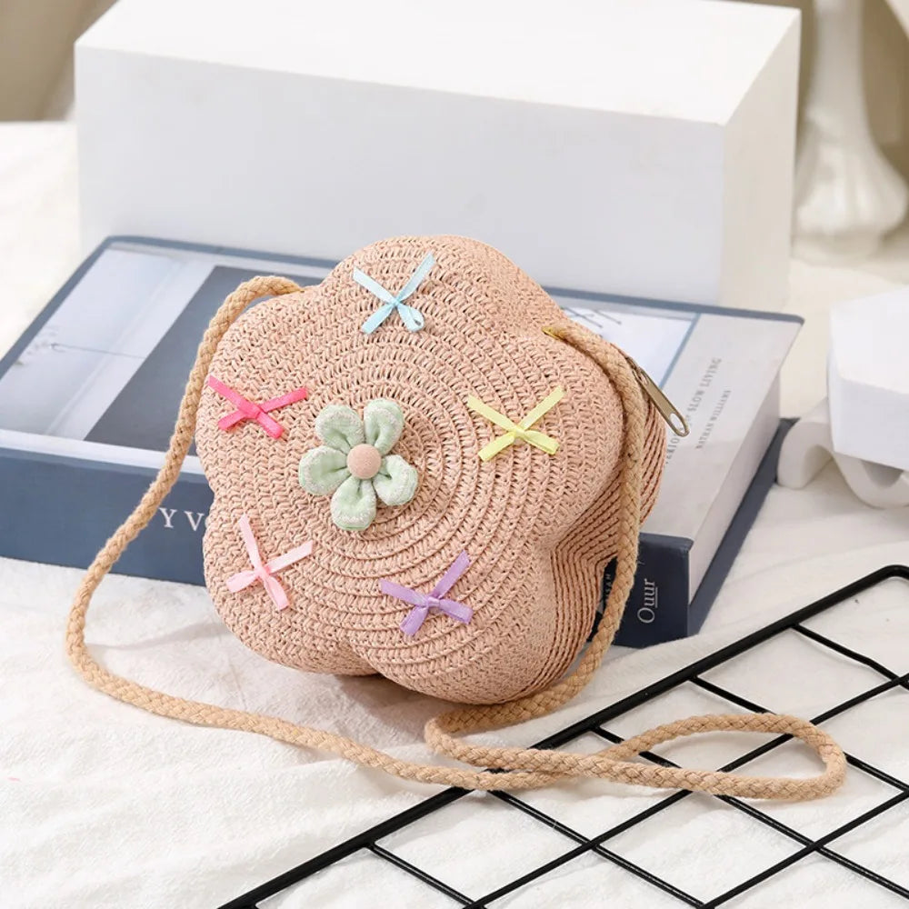 Cute Summer Children Girls Shoulder Bag Flower Bow Handmade Straw Baby Bags Messenger Bag Kids Keys Coin Purse Cute Mini Handbag