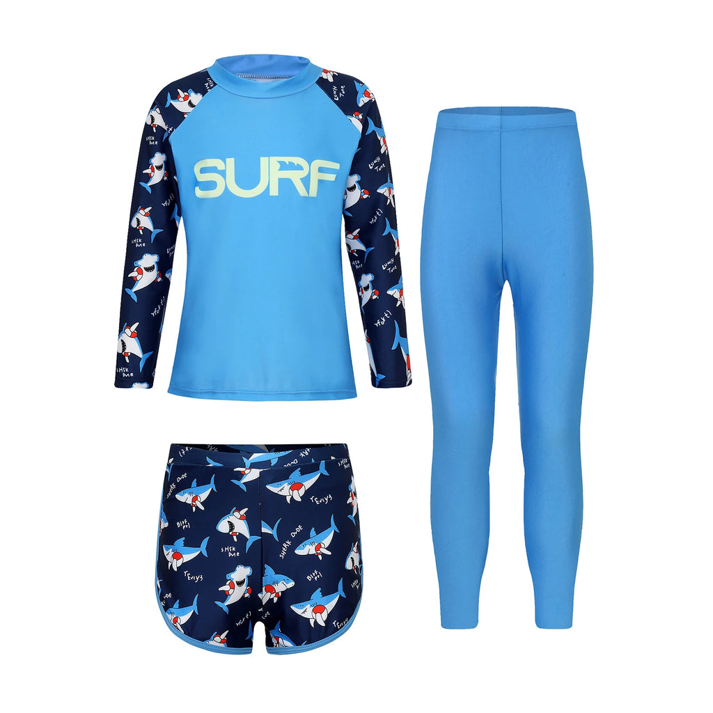 Kids Girls Boys 3 Pieces Swimsuit Swim Top with Shorts Pants Set UPF 50+ Rash Guard Outfits Bathing Suit Water Park Swimwear