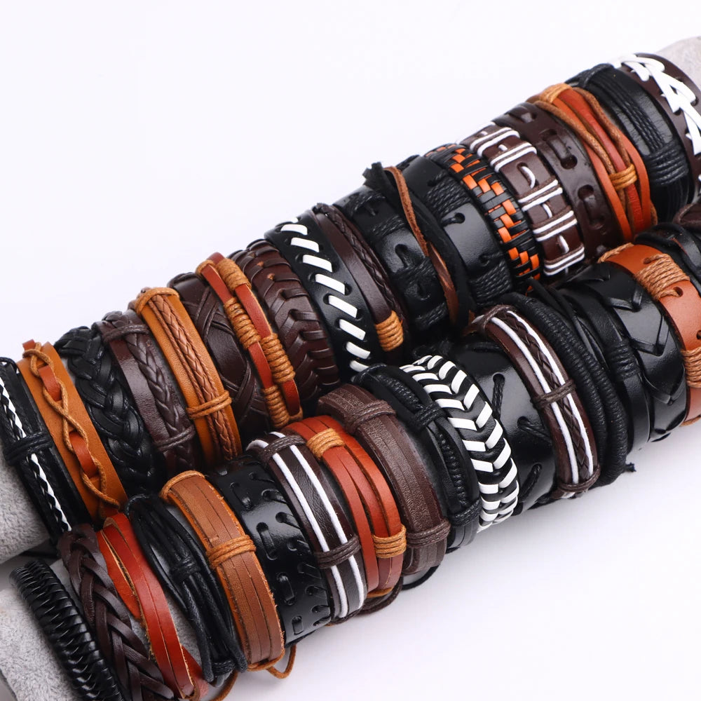 10/20/30/50/100Pcs/Lot Fashion Hand Woven Adjustable Leather Bracelets For Men Retro Style Jewelry Accessories Gifts Wholesale