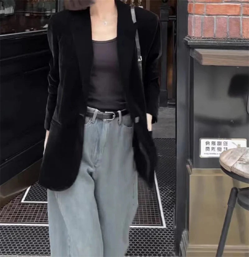 Autumn New Black Velvet Women's Blazer Fashion Long Sleeve Single Button Casual Loose Temperament Suit Top Female Outerwear