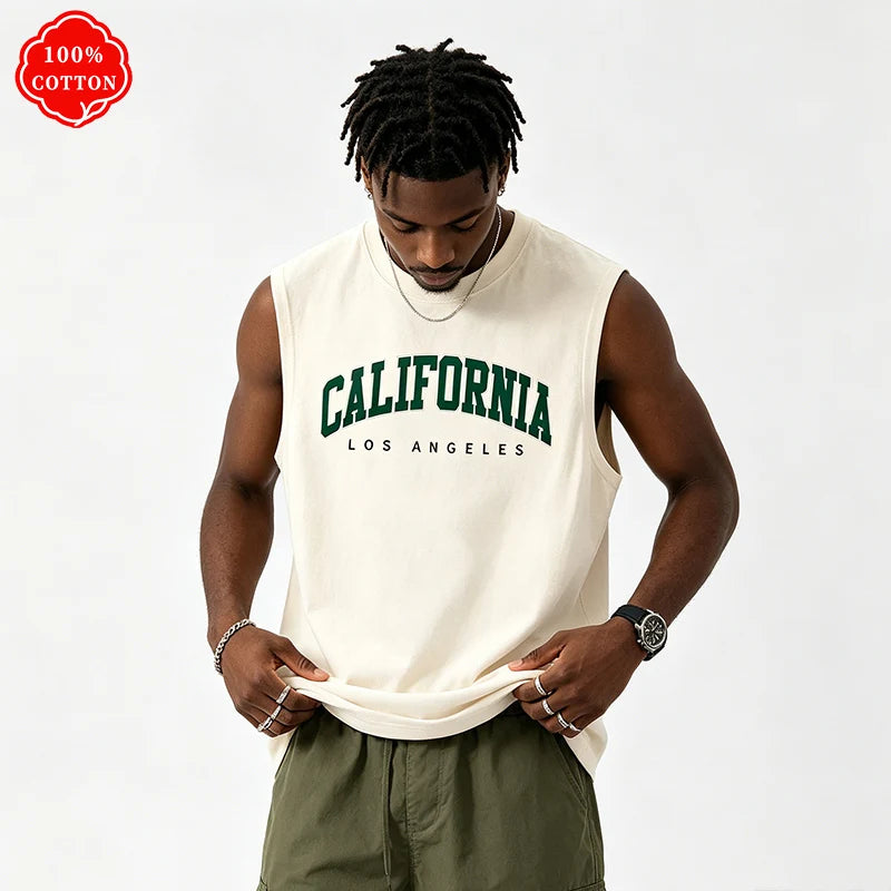 100% pure cotton men's summer casual loose California pattern printed fitness breathable round neck sleeveless vest-H13