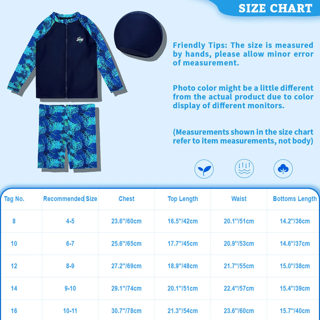Children Boys Sunscreen Swimsuit Swimwear Long Sleeve Zipper Top with Shorts Hat Rash Guard Wetsuit Beach Pool Bathing Suit
