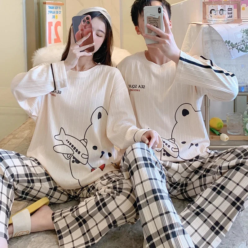 Cartoon Cute Pajamas Set For Women Men Cotton Couples Homewear Autumn Spring Long Sleep Tops Pant Nightwear Mujer hombre
