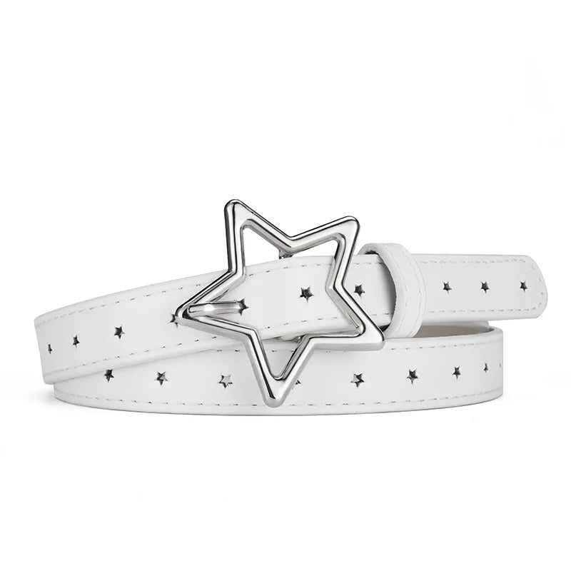 1.8x93cm Children Kids Five-pointed Star Metal Snap PU Leather Belt Girls Boys Silver Buckle Waistband Pants Decor Waist Belt