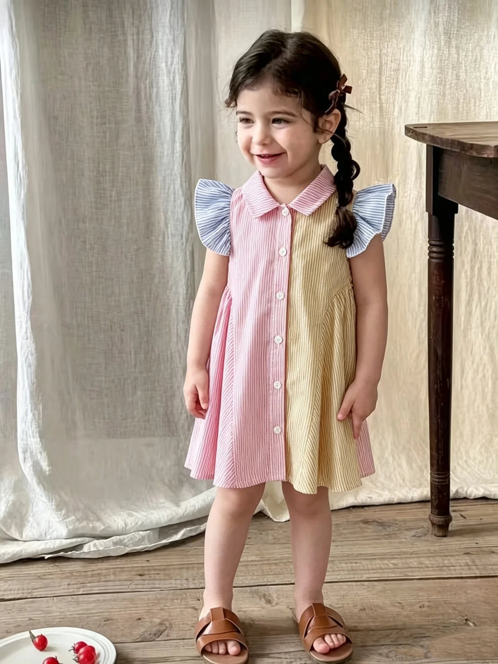Children's Striped Color-Block Dress Baby Collar Sleeveless Ruffle Edge Single-Breasted Knee-Length Clothing for Kids