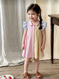Children's Striped Color-Block Dress Baby Collar Sleeveless Ruffle Edge Single-Breasted Knee-Length Clothing for Kids