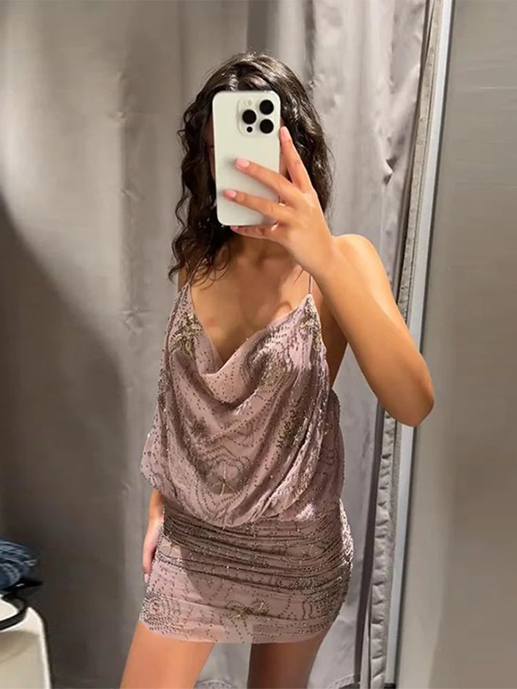 Bead Embroidery Sequin Ruffle Women Dress Sleeveless Backless Strap Sexy Evening Dresses 2025 Summer Party Holiday Street Robe
