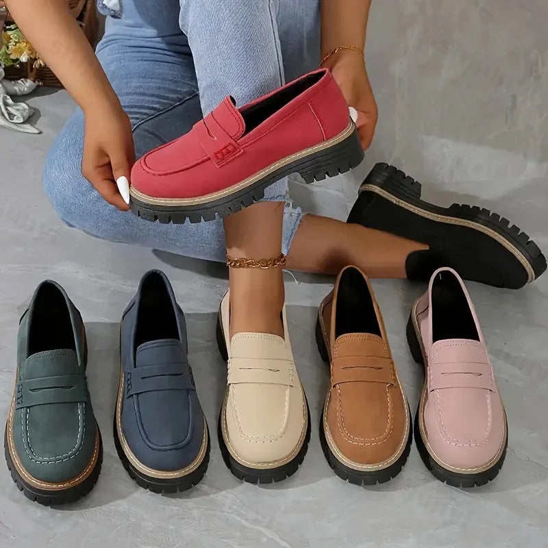 Woman platform Loafers Retro Autumn Ladies Large Size Frosted British Thick Heel Round Toe Rubber Outsole new Style Casual Shoes