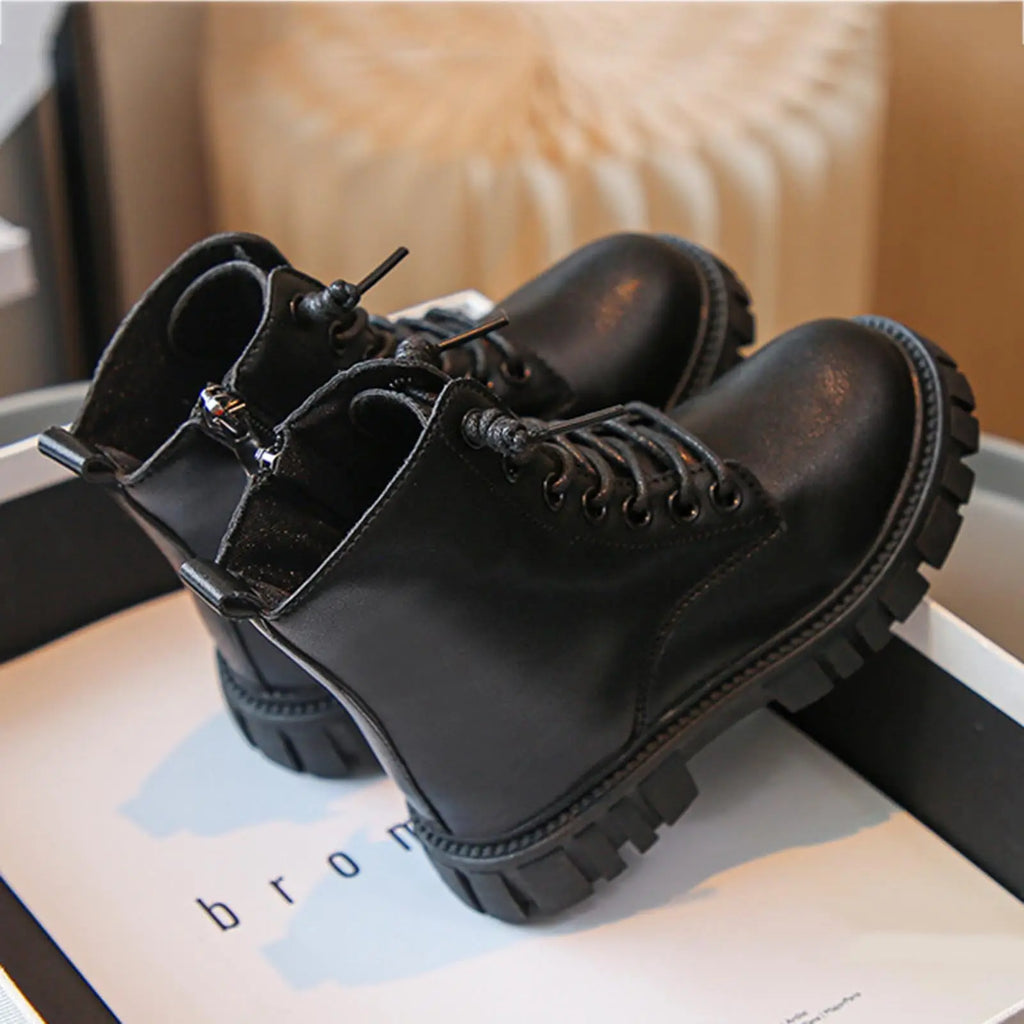 Spring Autumn Girls Fashion Ankle Boots School Kids Leather Boots Thick Bottom Non-slip Children's Causal Boots Black White