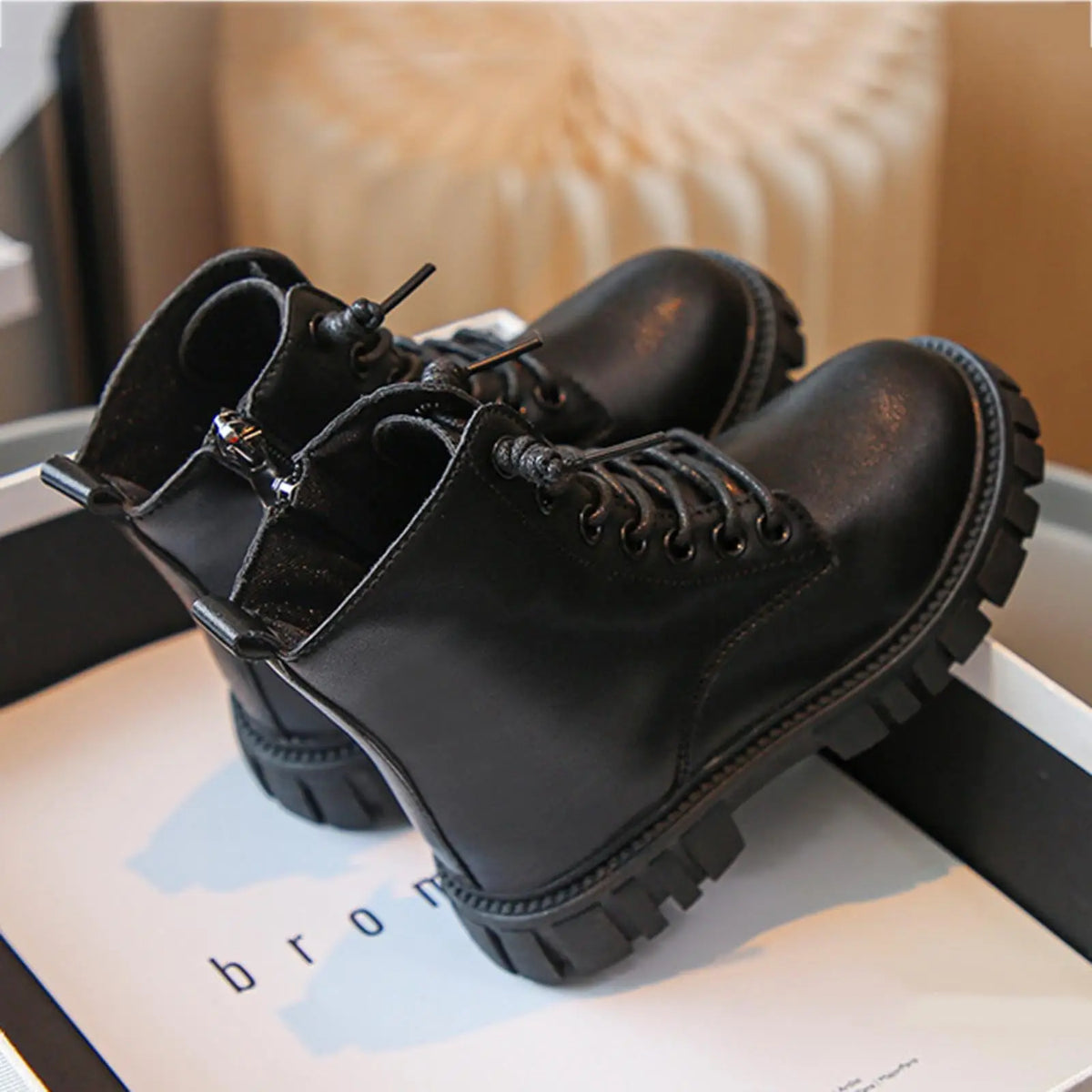 Spring Autumn Girls Fashion Ankle Boots School Kids Leather Boots Thick Bottom Non-slip Children's Causal Boots Black White