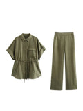 KONDALA Vintage Casual Solid Women Suit Single Breasted Short Sleeve Shirt Loose Long Pants Chic Fashion 2025 Summer Basics Sets