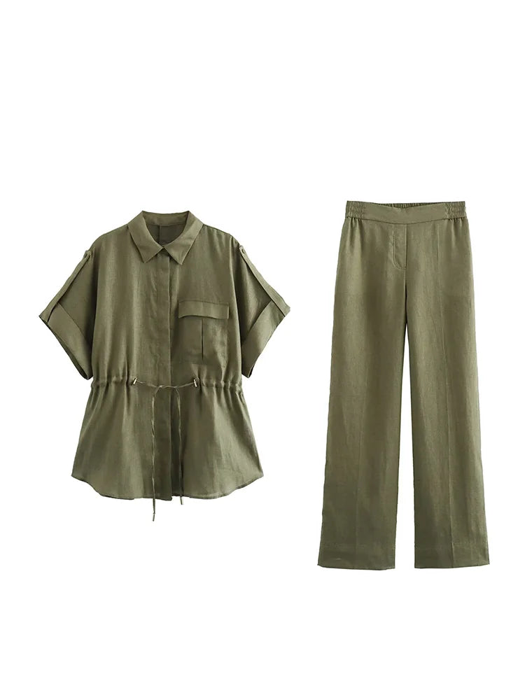 KONDALA Vintage Casual Solid Women Suit Single Breasted Short Sleeve Shirt Loose Long Pants Chic Fashion 2025 Summer Basics Sets