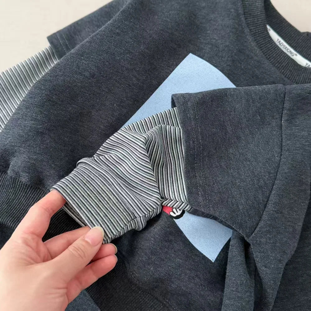 Kids Fake Two‑Piece Sweatshirt Sets 2026 Autumn Boys Girls Cartoon Print Striped Long Sleeve Top+Pants 2PCS Children Tracksuit