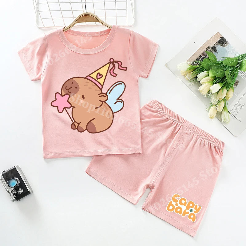 Capybara Kids Pajamas Shorts Set Summer New Capibara Home Clothes Boys Girls Anime Nightwear Pants Children Short Sleeve Gift