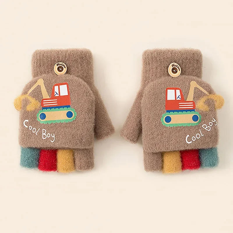 Kids Boys Girls Cartoon Excavator Half Finger Flip Cover Winter Thick Warm Gloves Toddler Outdoor Knitted Cold-Proof Mittens