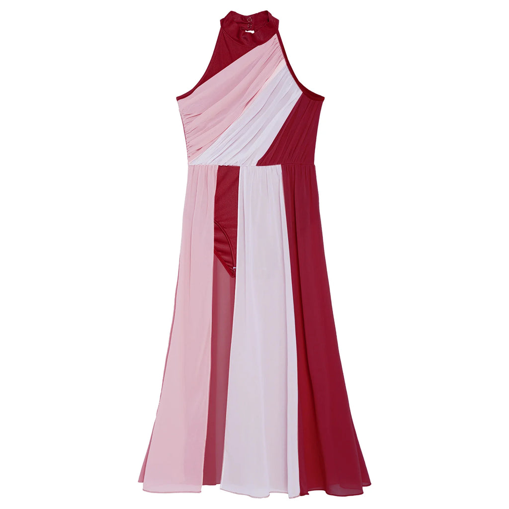 Kids Girl Lyrical Dance Dress Mesh Split Gymnastics Leotard with Skirt Modern Contemporary Dance Costume Worship Praise Dress