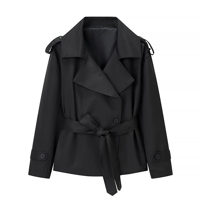 Elegant Lapel Lace Up Women's Windbreaker Solid Loose Full Sleeve Belt Double Breasted Coats Female 2026 Spring Female Jackets