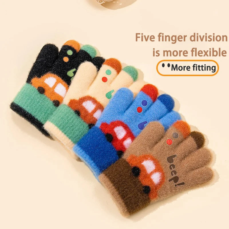 Kids Winter Gloves 3-7 Years Old Thick Warm Knitted Cartoon Car Design Five Finger Cold Proof for Boys Girls Kindergarten
