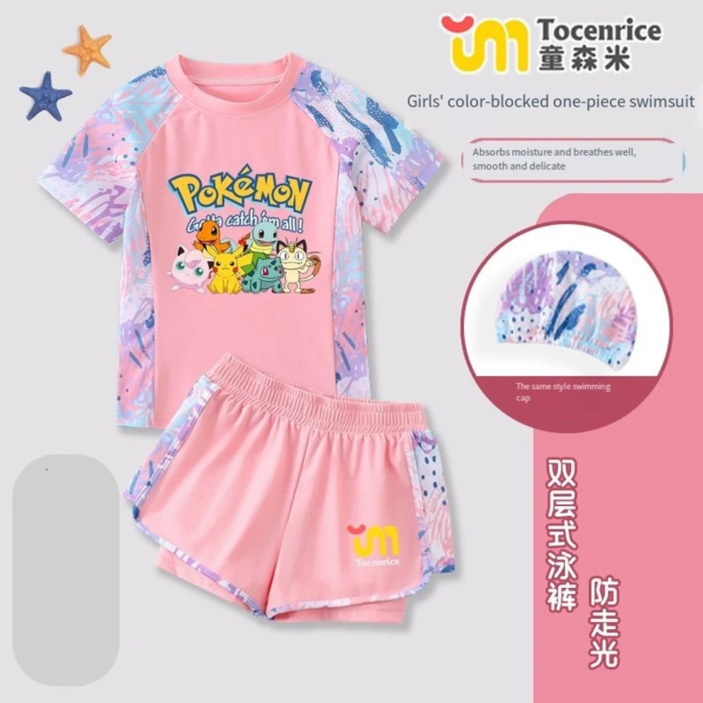 Pokemon Pikachu Girls 2 Piece Swimsuit Set Quick Dry Rash Guard Kids Cartoon Beach Bathing Suit Summer Children Swimwear Outfit