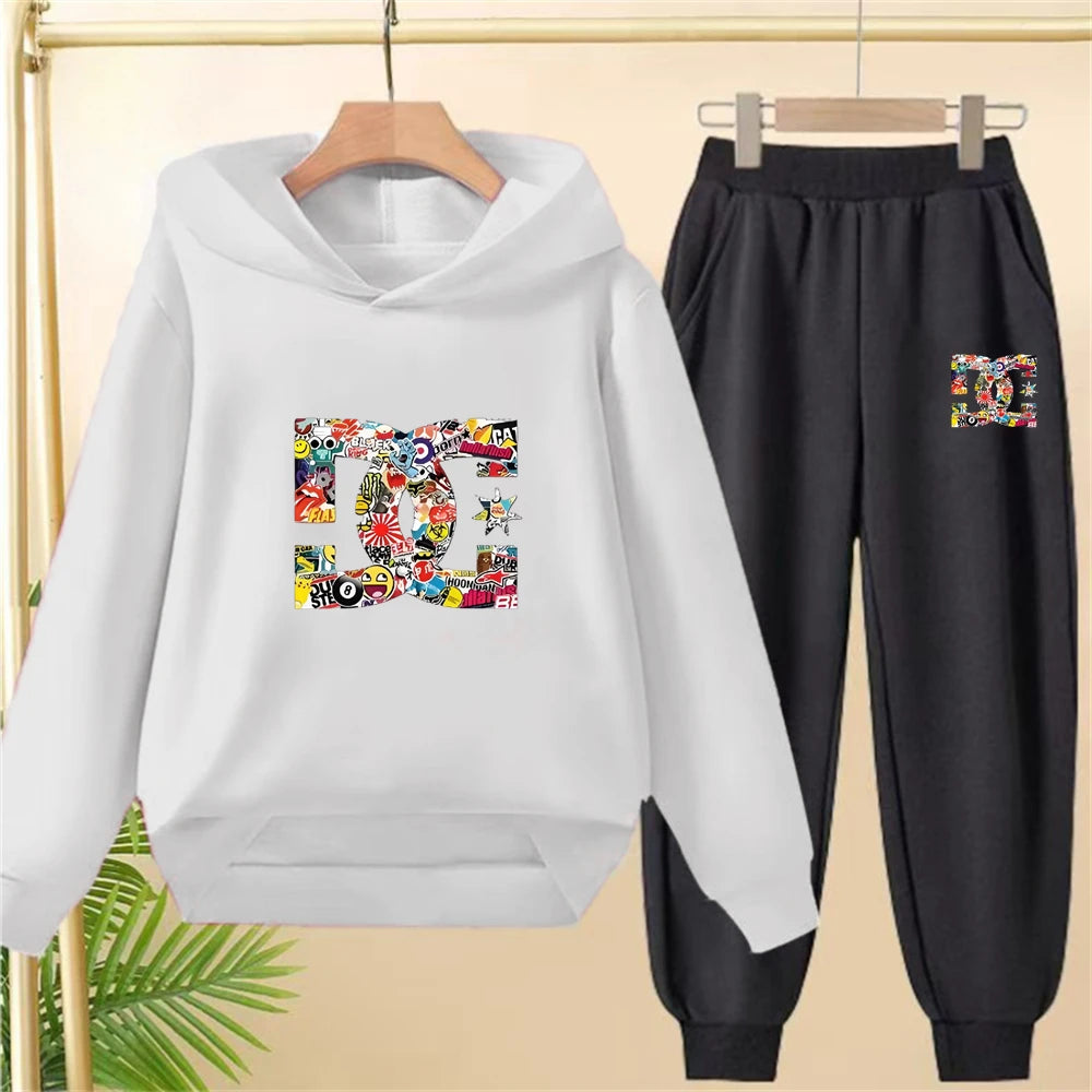 Children's hoodie 3-12 years girls pink boy black tops+pants set leisure sweatshirt printing fashion Kids autumn clothing