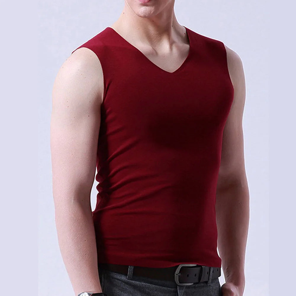 Men's Vests Summer Ice Silk V Neck Sleeveless Solid Color Slim Seamless Fitness Tank Tops QXMY-02024002