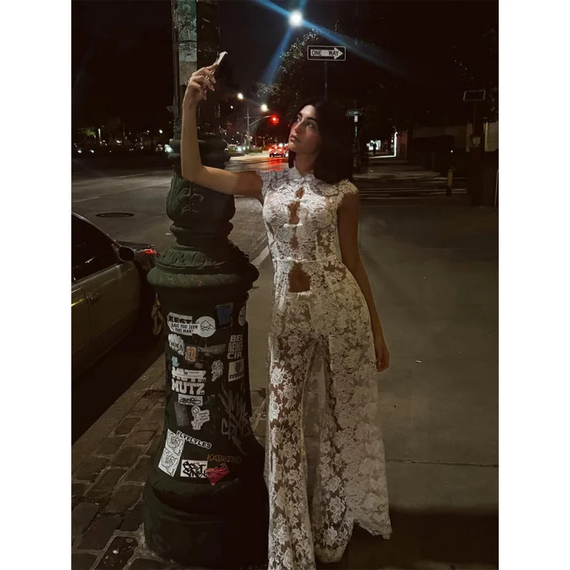 White Lace Embroidery Pant Suit Women Stand Neck Sleeveless Hollow-out Waist Cinching See Through Set Lady Summer Sheer Outfit
