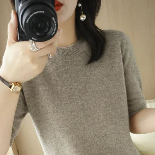 2025 Spring Summer Womens Sweater Short Sleeve O-neck Slim Fit Knitted Pullovers Bottoming Casual Knitwear Camel Pink Clothes