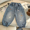 2025 Autumn Kids Pants Cartoon Embroidery Boys Loose Jeans Soft Casual Denim Trousers Children Outwear Girls Pants For 2-7 Years