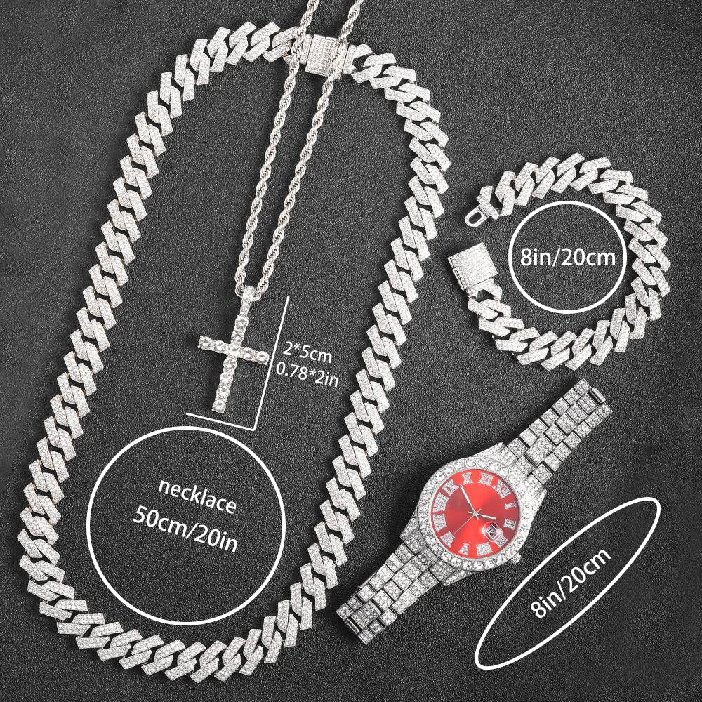 Hip Hop Men's Watch Jewelry Gift Set Glitter Silver Quartz Watch with Cross Pendant Necklace Street Punk Luxury Party Accessory