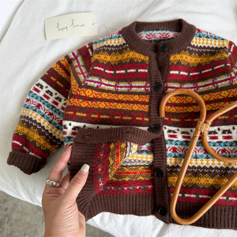 Children's Sweater 2026 Spring and Autumn Winter New Boys' and Girls' Color blocked Sweater Cardigan Baby Retro Knitted Coat
