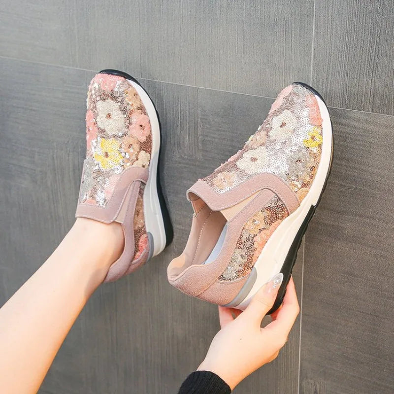 Women's Wedge Sneakers 2026 Spring Autumn Versatile Casual Sequin Design Breathable Casual Thick Sole Women's Vulcanized Shoes