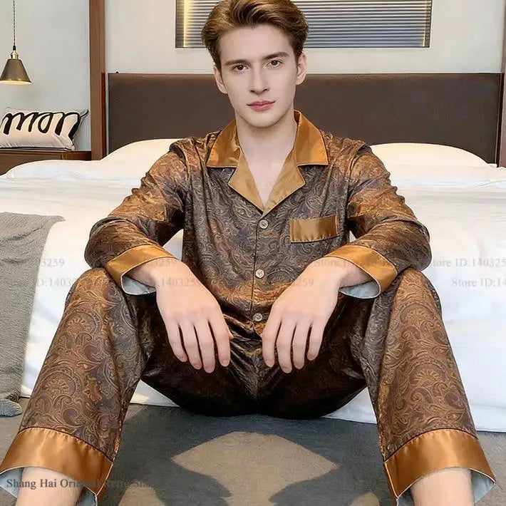 Plus Size Men's Pajamas 2PCS Sleepwear Set Fashion Print Silk Satin Trouser Pijamas Suit Spring New Male Home Clothes Loungewear