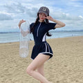 Athletic Black Short Sleeve Two Piece Swimsuit with Zipper Front Contrast Stripe Sporty Swimwear for Beach Pool Vacation