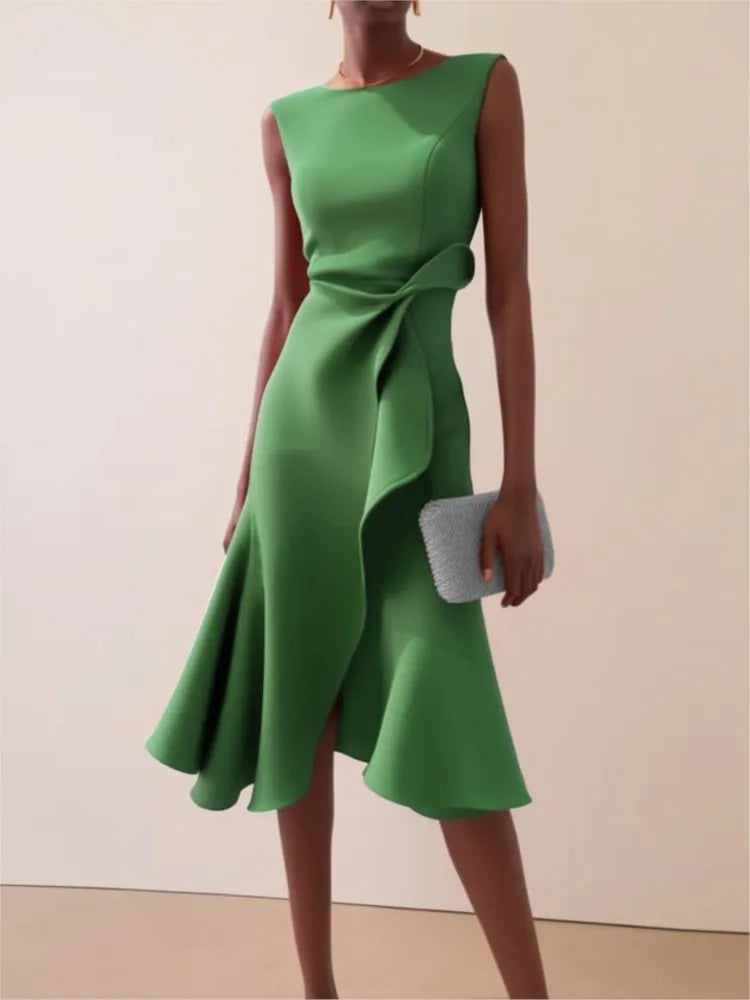 Woman's Foreign Style Party Prom Dress Summer Sexy Sleeveless Fashion Irregular Hem Midi Dresses Ladies Solid Color Vestidos