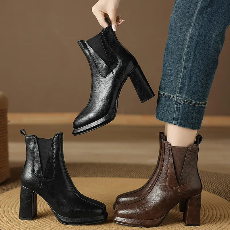2024 Autumn/Winter Women Boots Round Toe High Heel Shoes for Women Leather Boots Women Handemade Shoes Ankle Boots Ladies Shoes