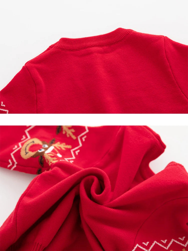 Winter Thickened Children's Sweater Boys And Girls Double Deer Jacquard Kid Sweater Knitted Red Christmas Decoration Clothing