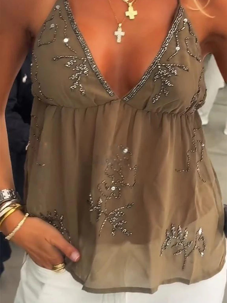Bead Studded Women Halter Top Sequin Straps Large Backless Lace Up Sexy V-Neck Vest Suspender Mesh Micro perspective Tank Blouse